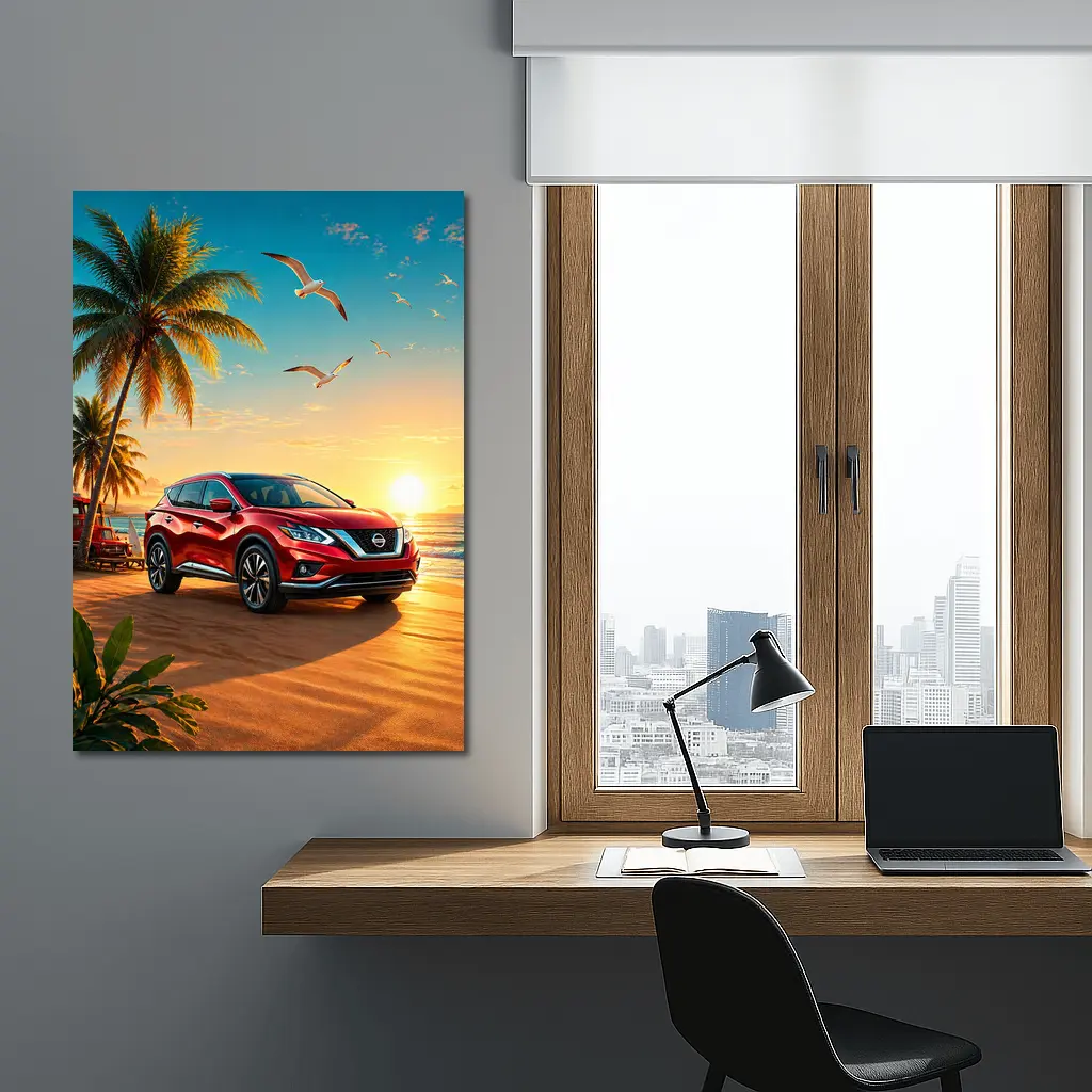 Nissan Murano Red SUV Tropical Beach Sunset – Wall Art