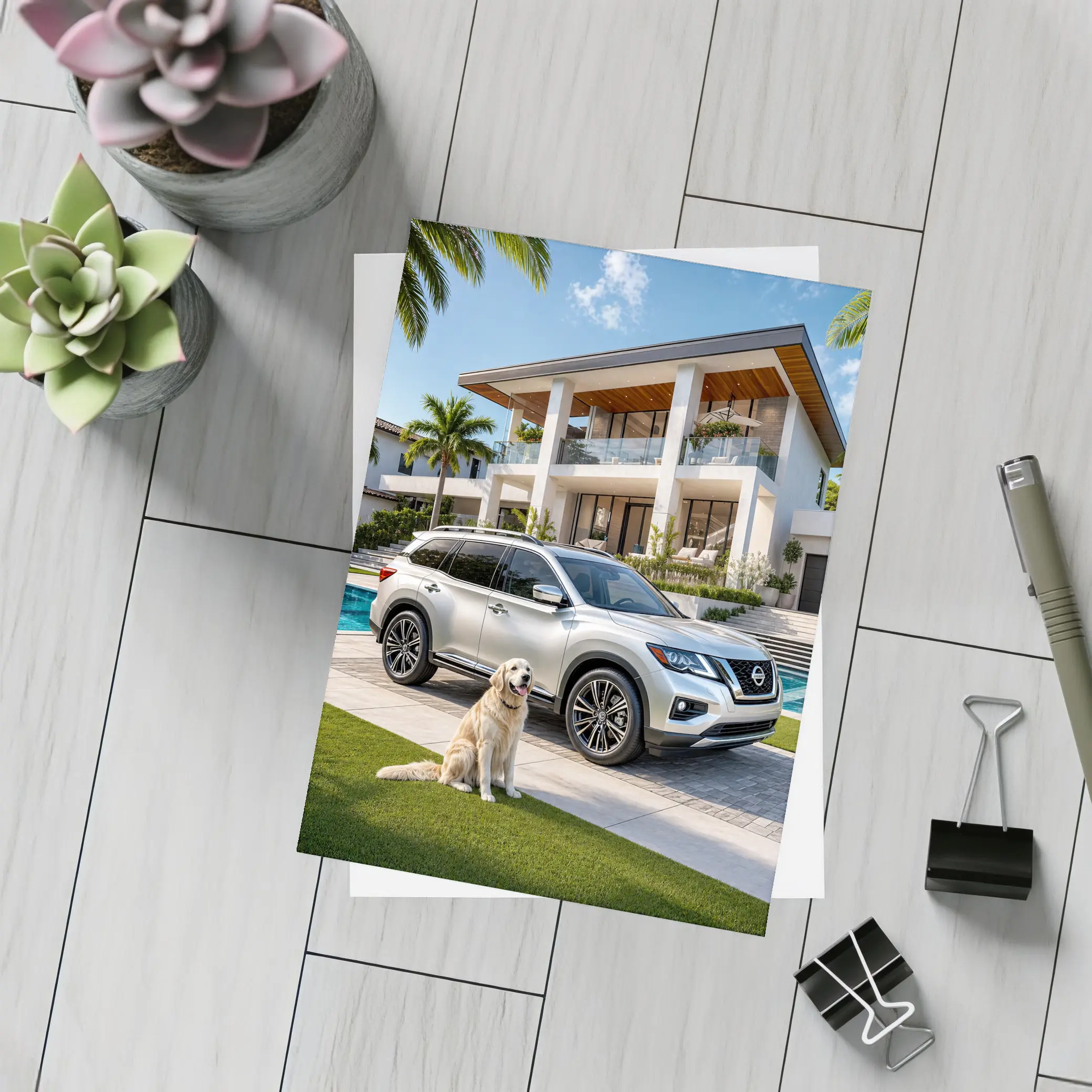 Nissan Pathfinder Golden Retriever Luxury Home – Postcards