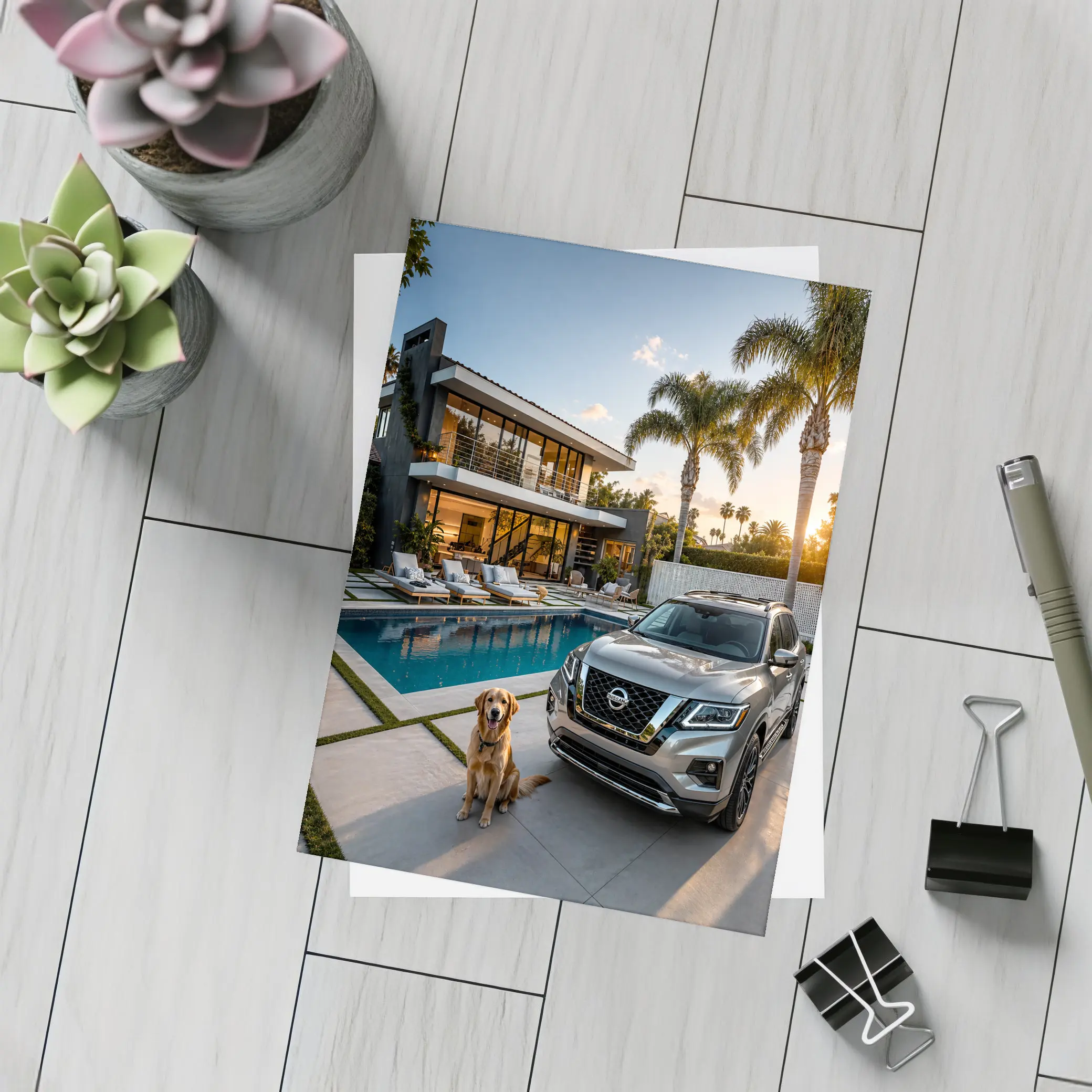 Nissan Pathfinder SUV Luxury Home Golden Retriever – Postcards