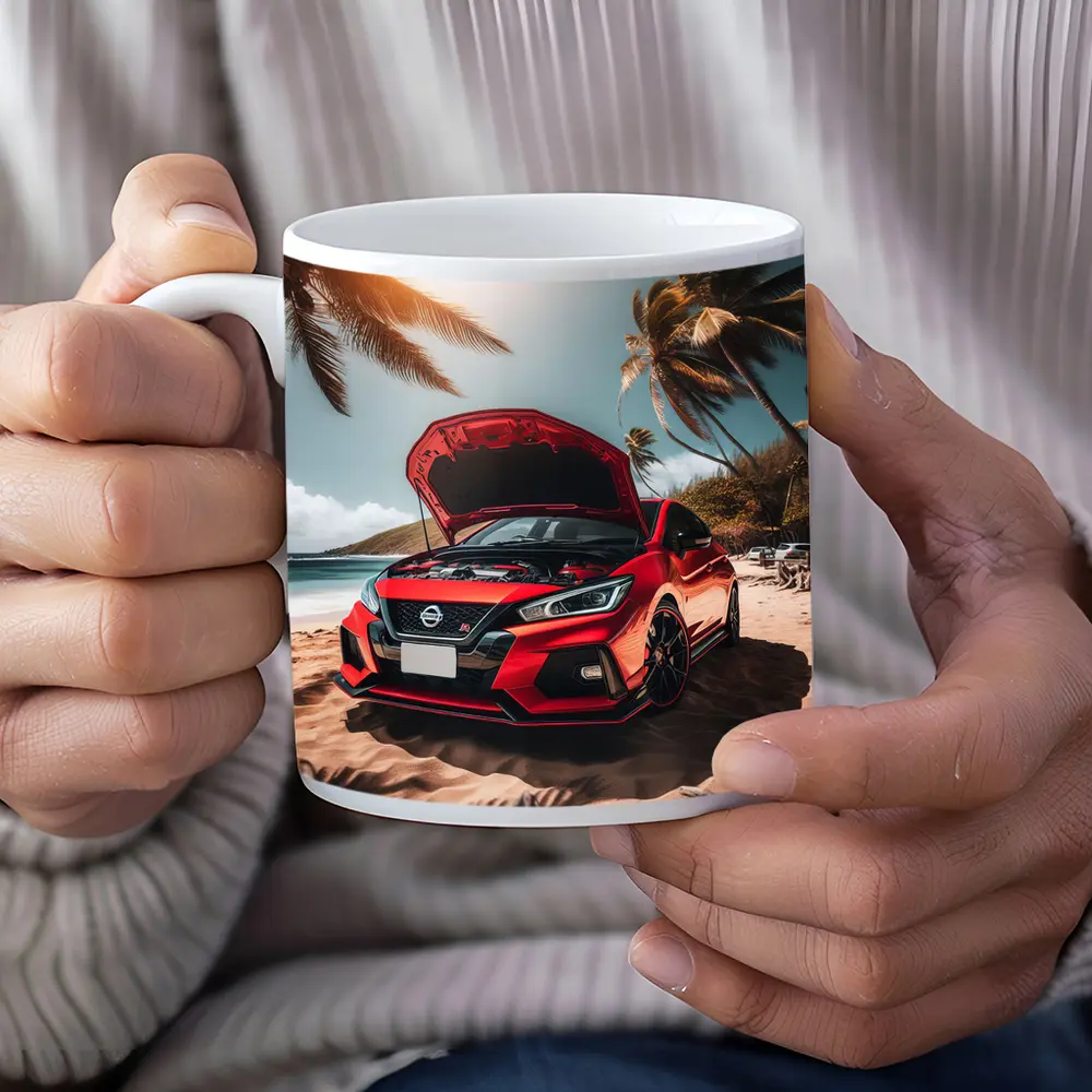 Nissan Sentra Red Sports Car Beach Setting – Mugs
