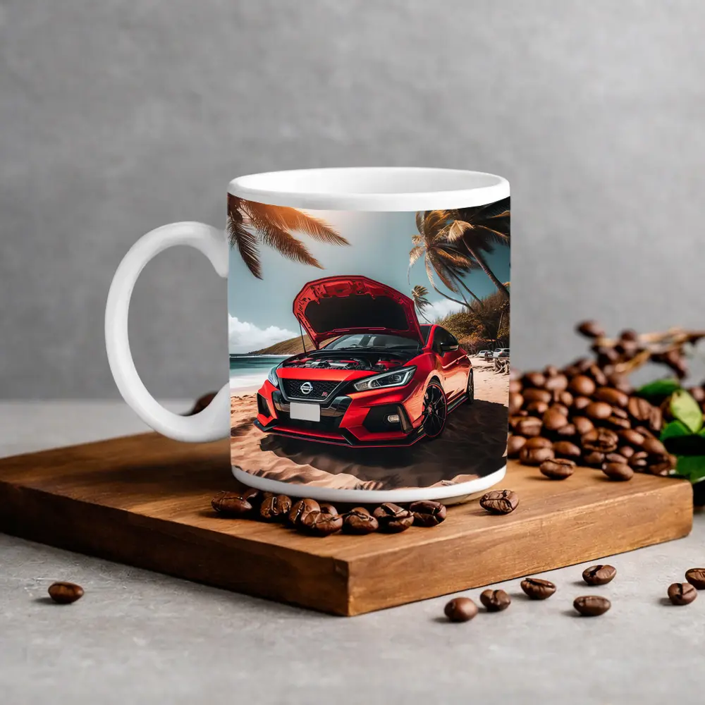 Nissan Sentra Red Sports Car Beach Setting – Mugs