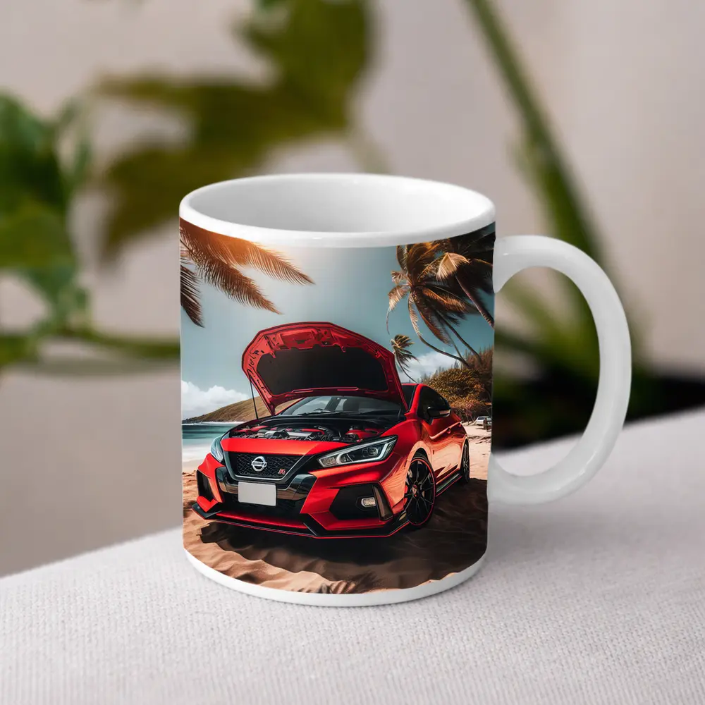 Nissan Sentra Red Sports Car Beach Setting – Mugs