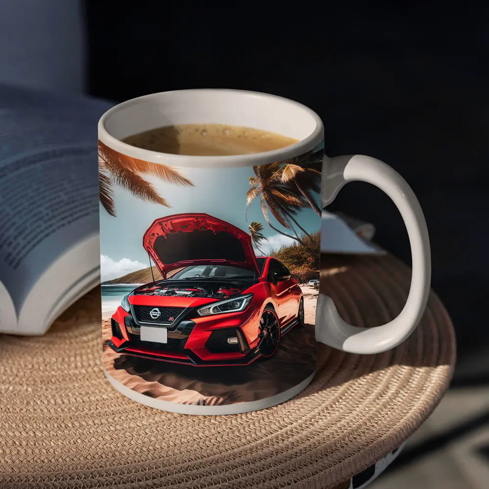 Nissan Sentra Red Sports Car Beach Setting – Mugs