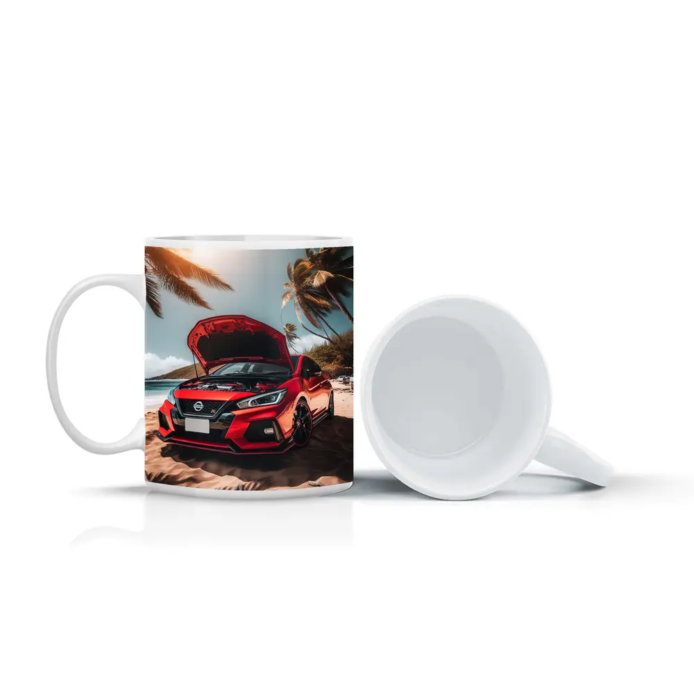 Nissan Sentra Red Sports Car Beach Setting – Mugs