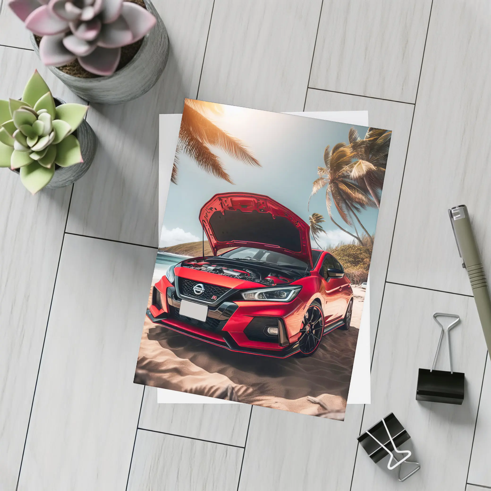 Nissan Sentra Red Sports Car Beach Setting – Postcards