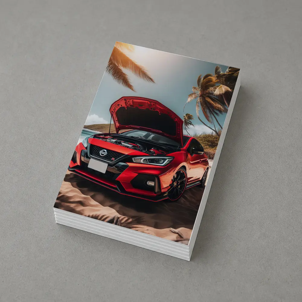 Nissan Sentra Red Sports Car Beach Setting – Postcards
