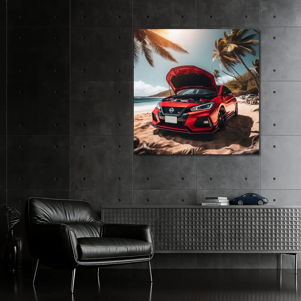 Nissan Sentra Red Sports Car Beach Setting – Wall Art