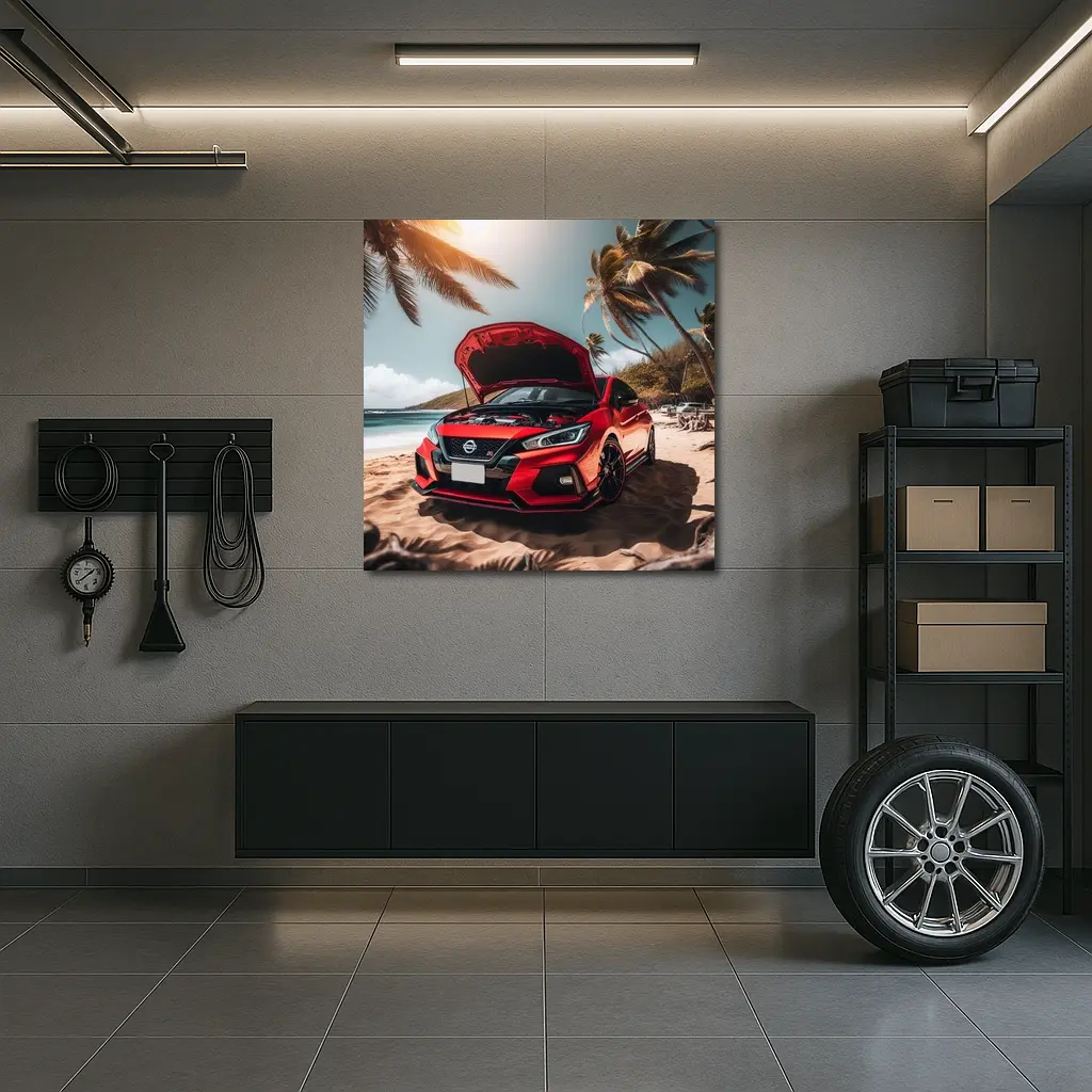 Nissan Sentra Red Sports Car Beach Setting – Wall Art