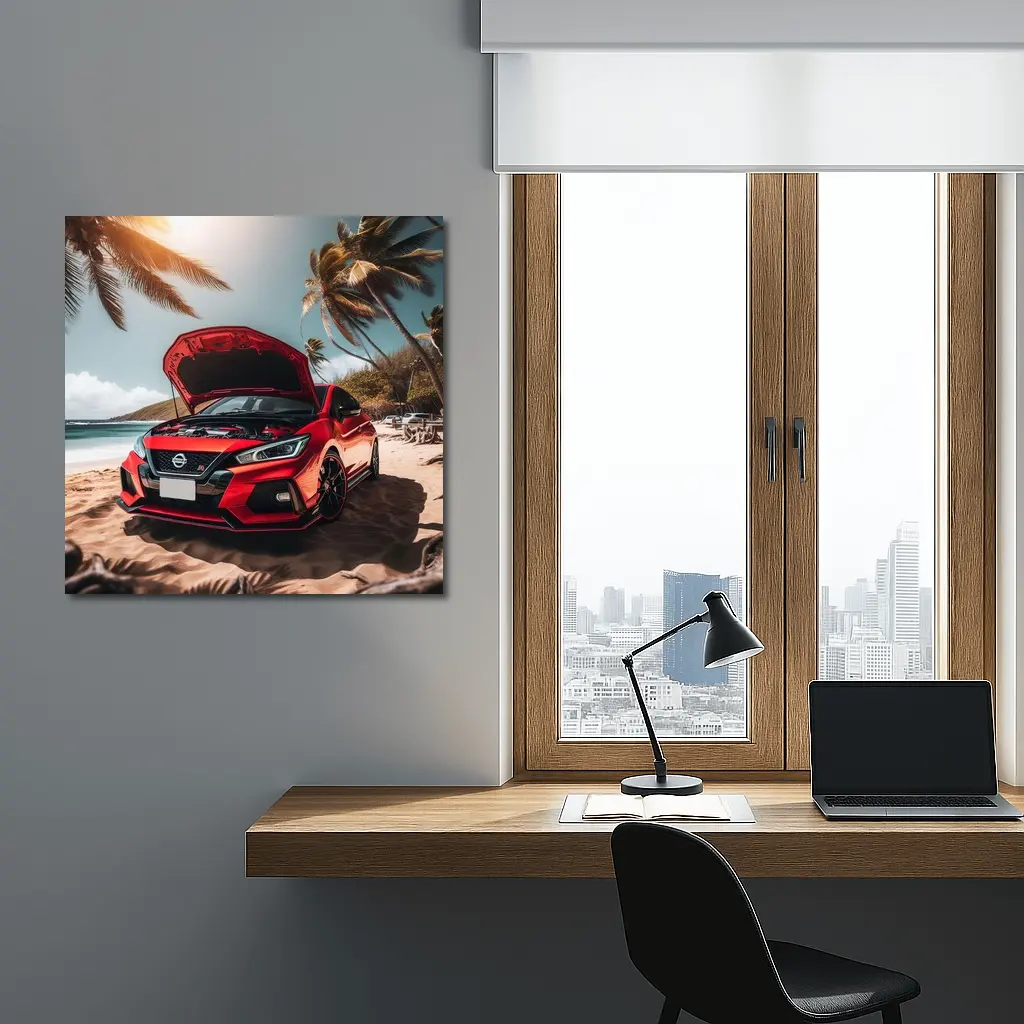 Nissan Sentra Red Sports Car Beach Setting – Wall Art