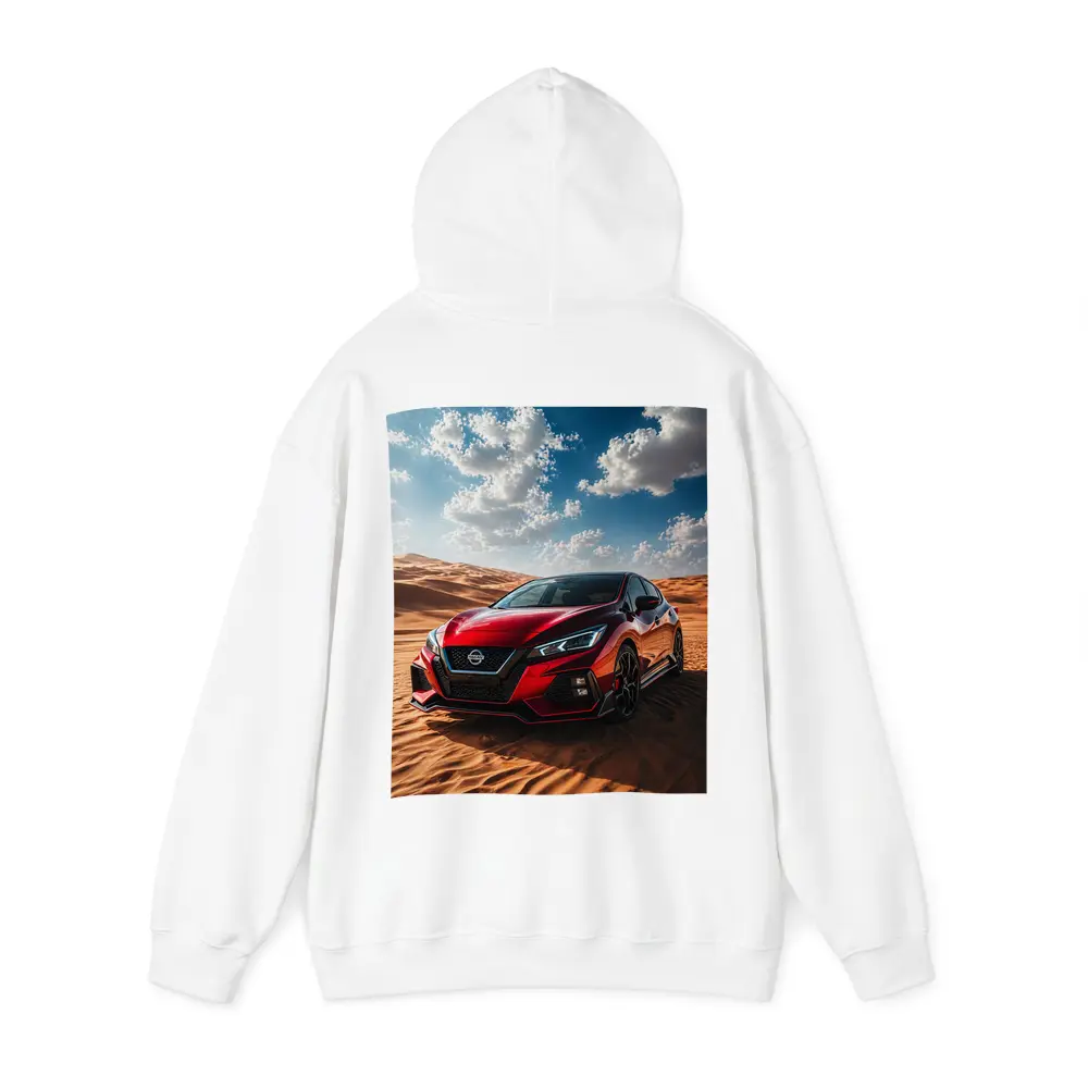 Nissan Red Hatchback Parked On Desert Dunes – Hoodies