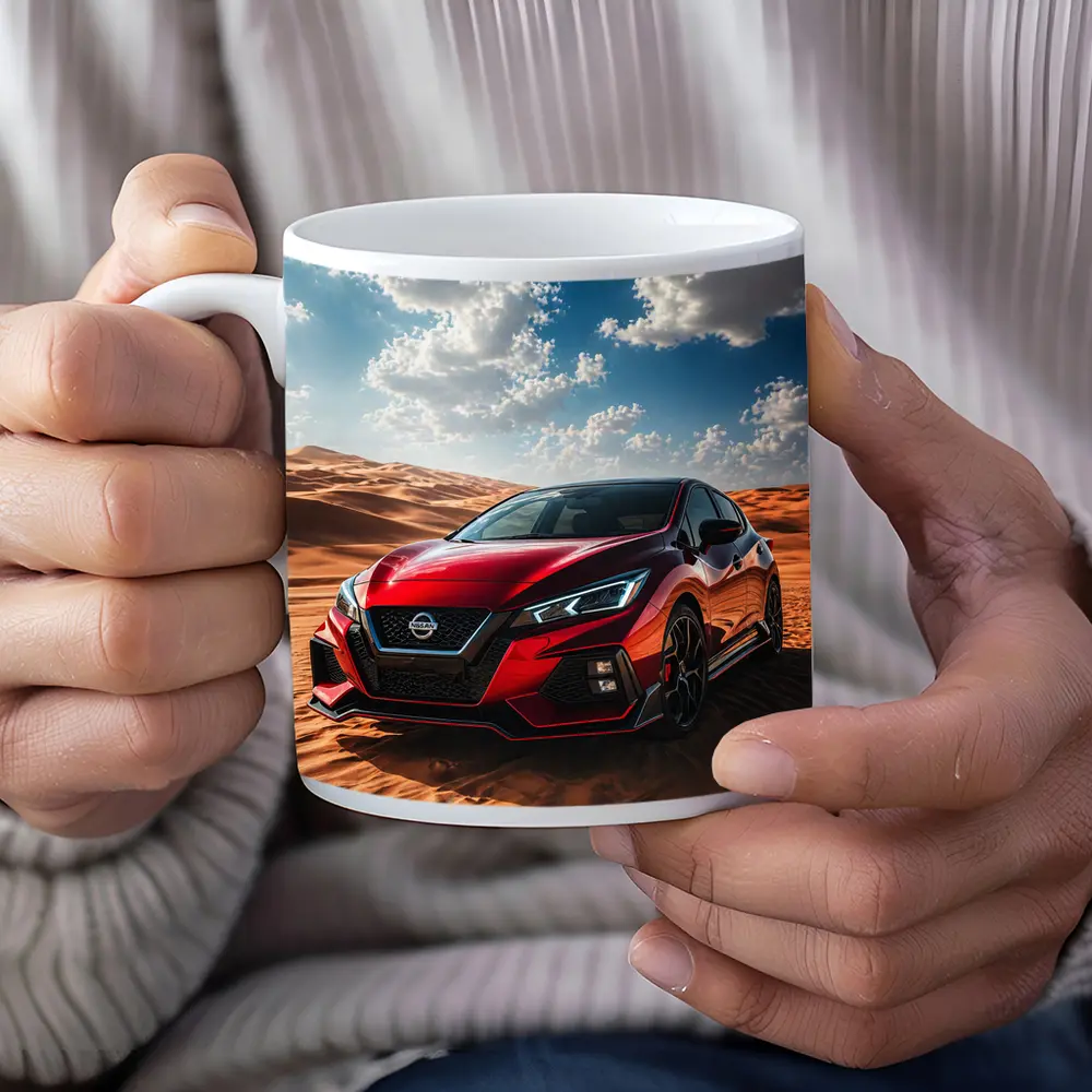 Nissan Red Hatchback Parked On Desert Dunes – Mugs