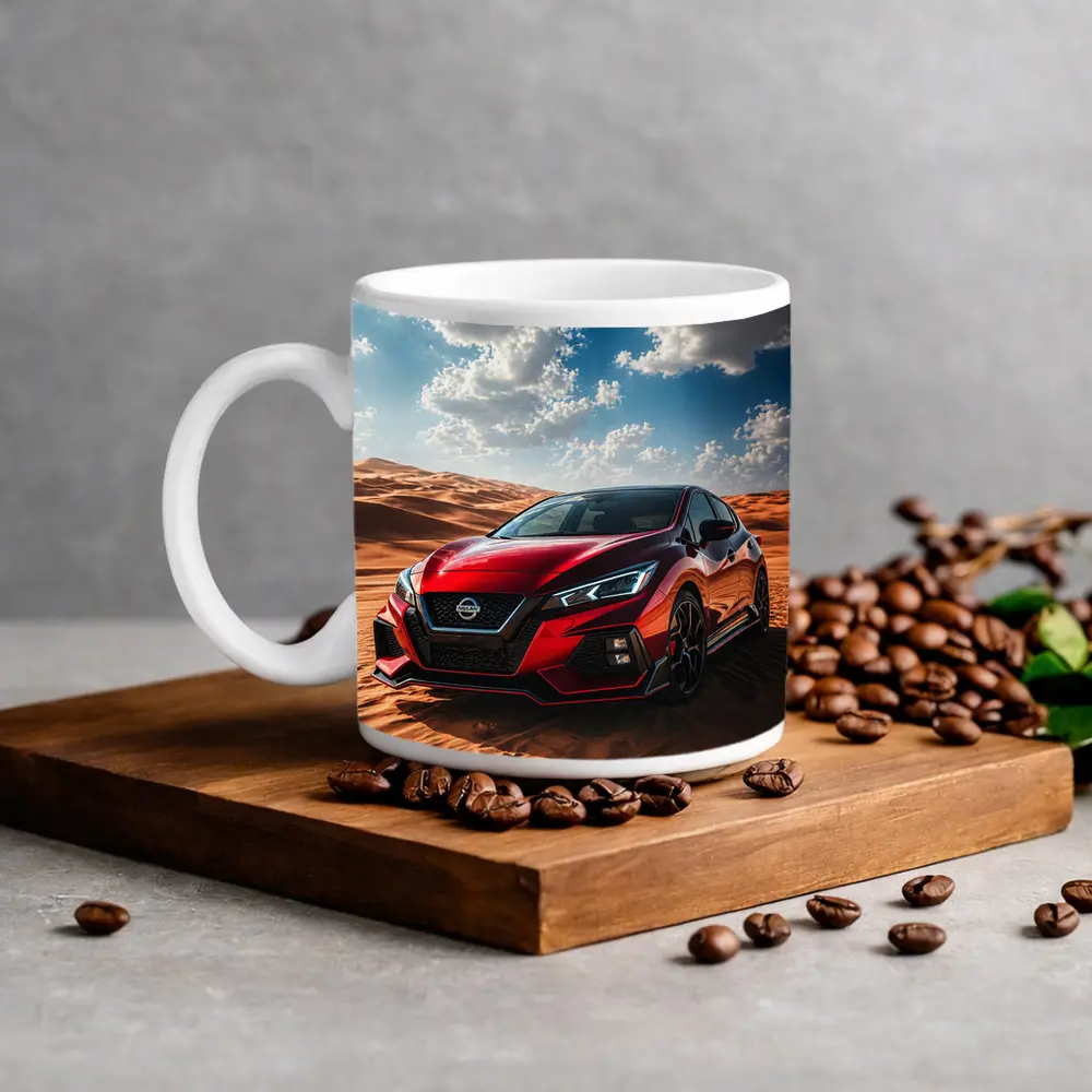 Nissan Red Hatchback Parked On Desert Dunes – Mugs