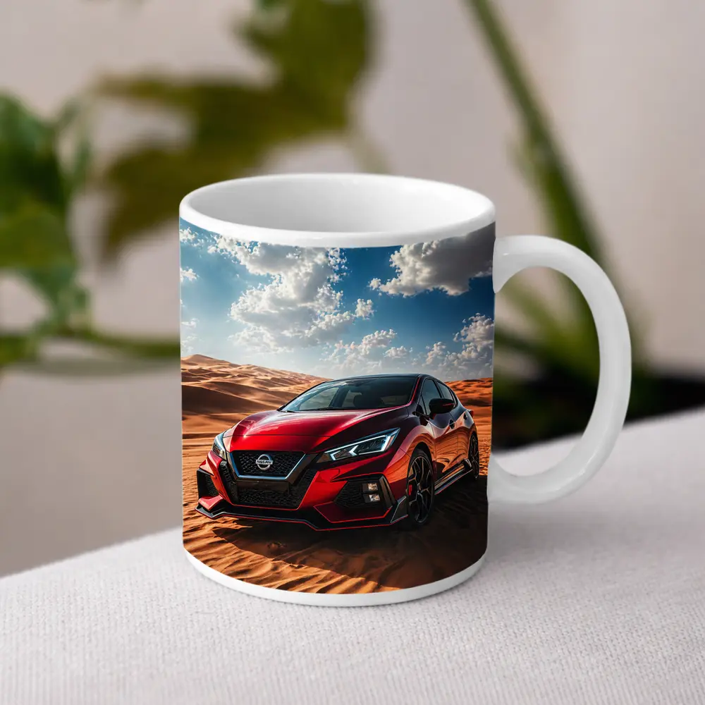 Nissan Red Hatchback Parked On Desert Dunes – Mugs