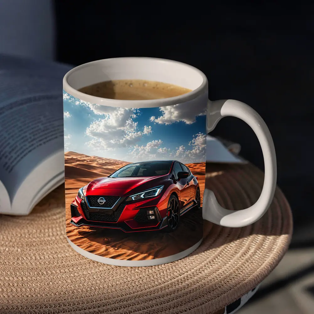 Nissan Red Hatchback Parked On Desert Dunes – Mugs