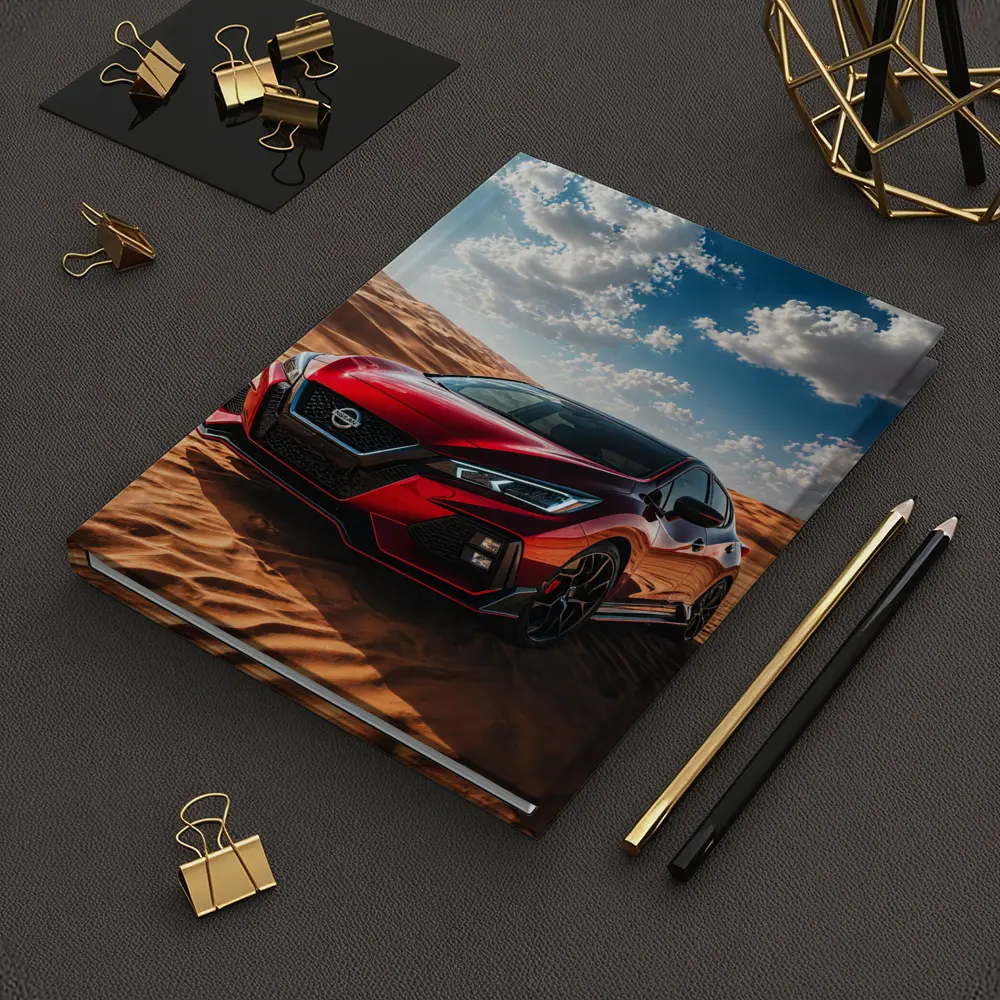 Nissan Red Hatchback Parked On Desert Dunes – Notebooks