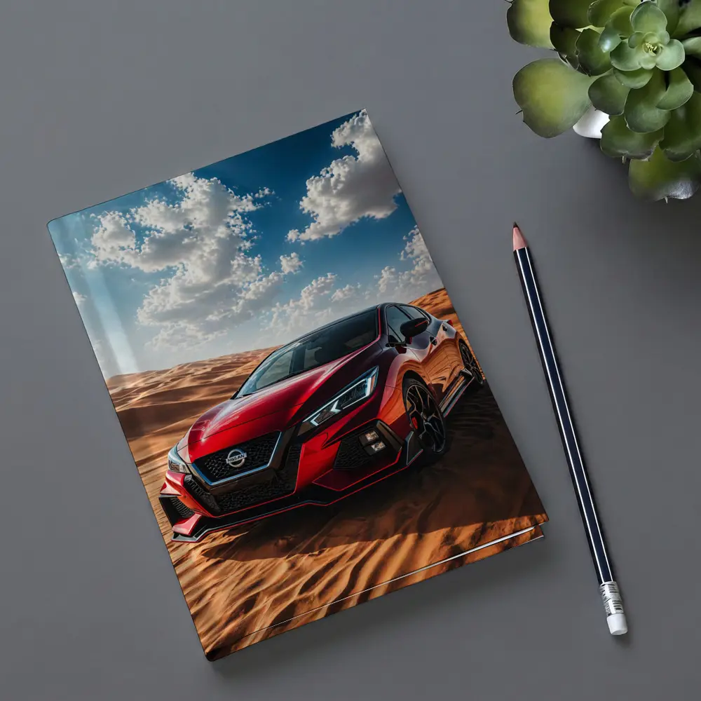Nissan Red Hatchback Parked On Desert Dunes – Notebooks
