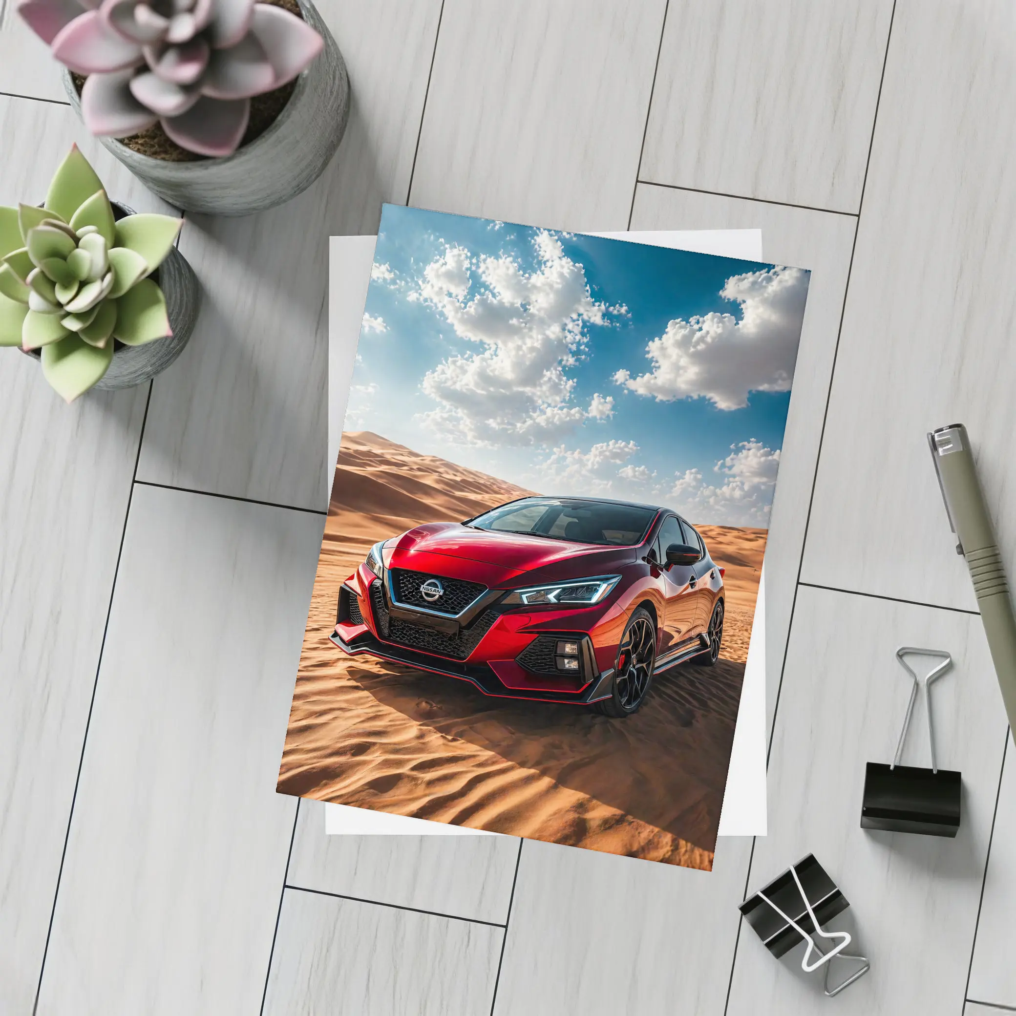 Nissan Red Hatchback Parked On Desert Dunes – Postcards