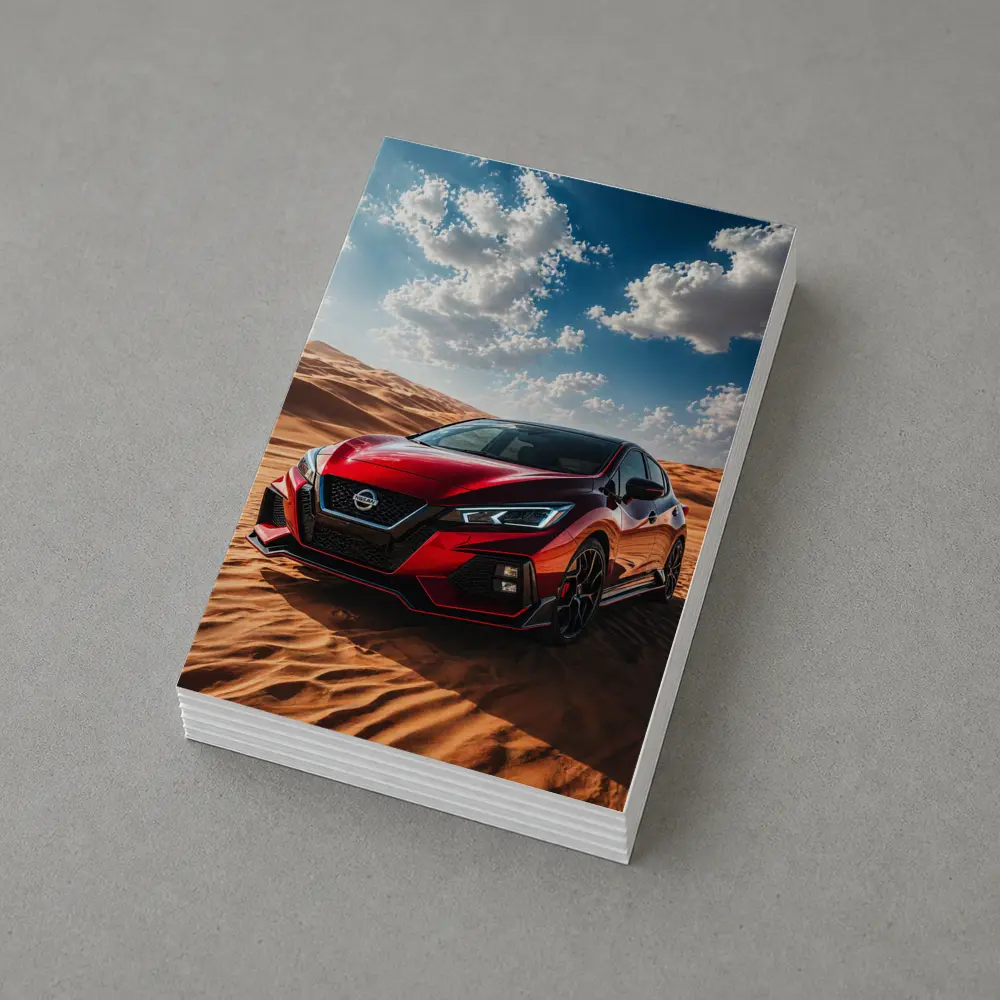 Nissan Red Hatchback Parked On Desert Dunes – Postcards