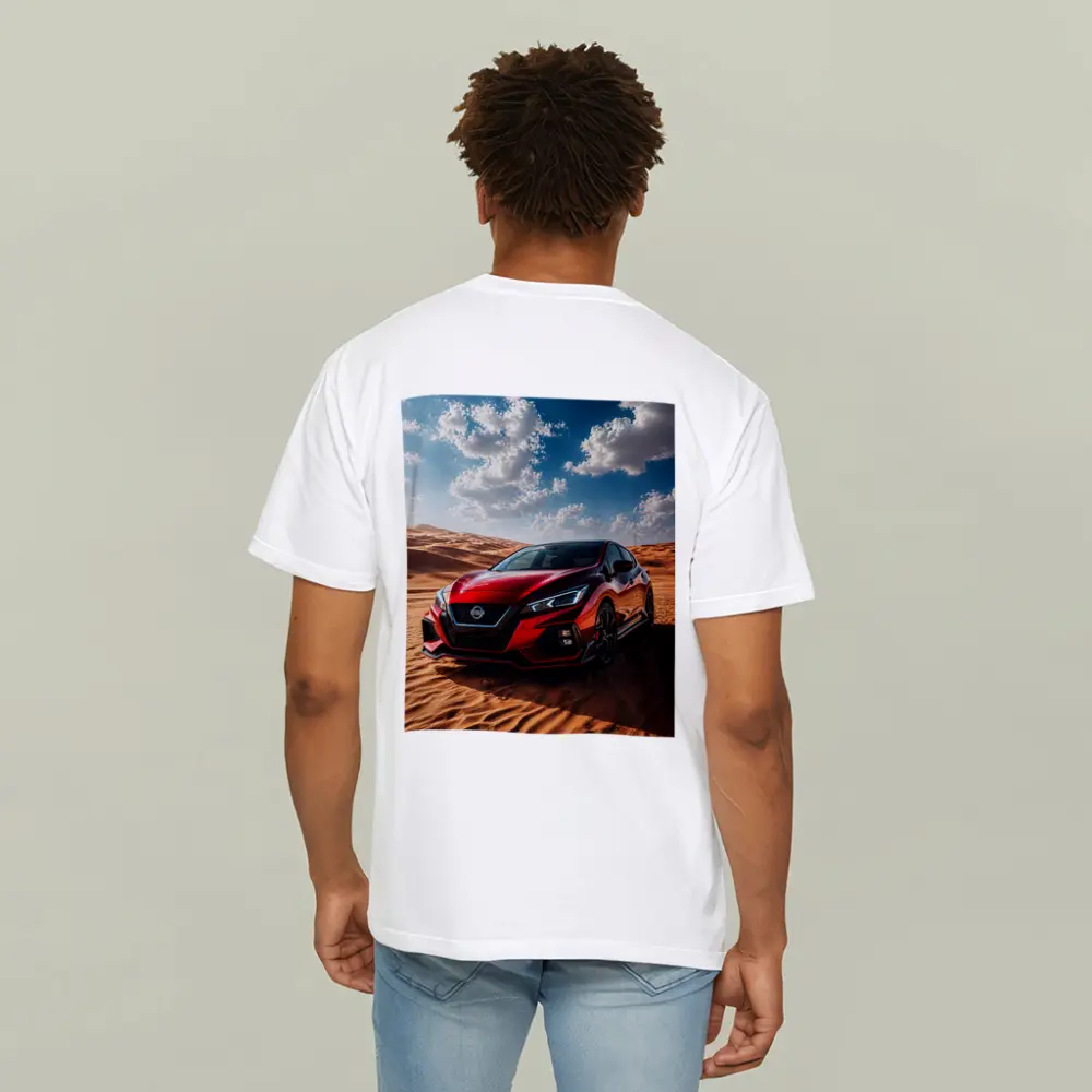 Nissan Red Hatchback Parked On Desert Dunes – T-Shirts