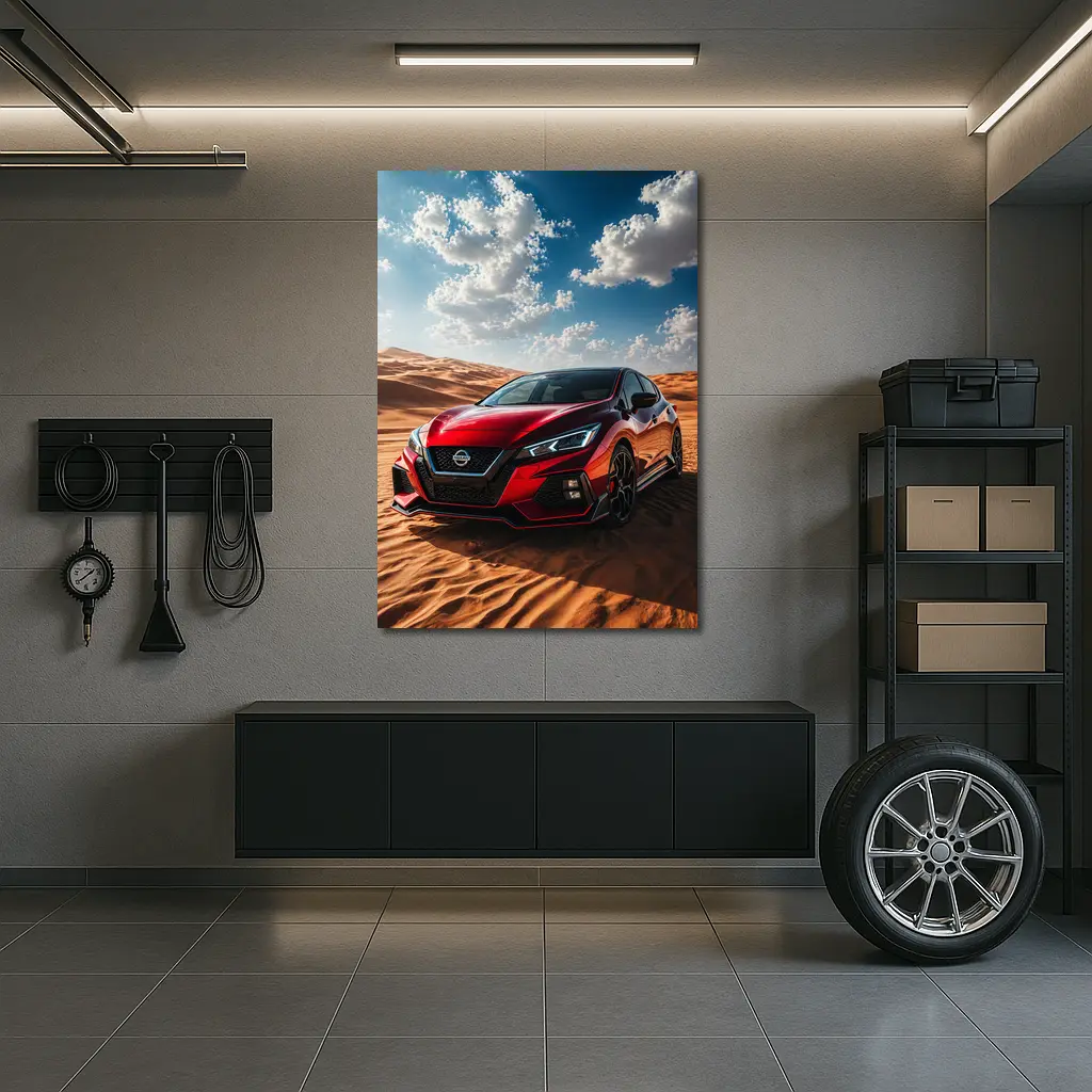 Nissan Red Hatchback Parked On Desert Dunes – Wall Art