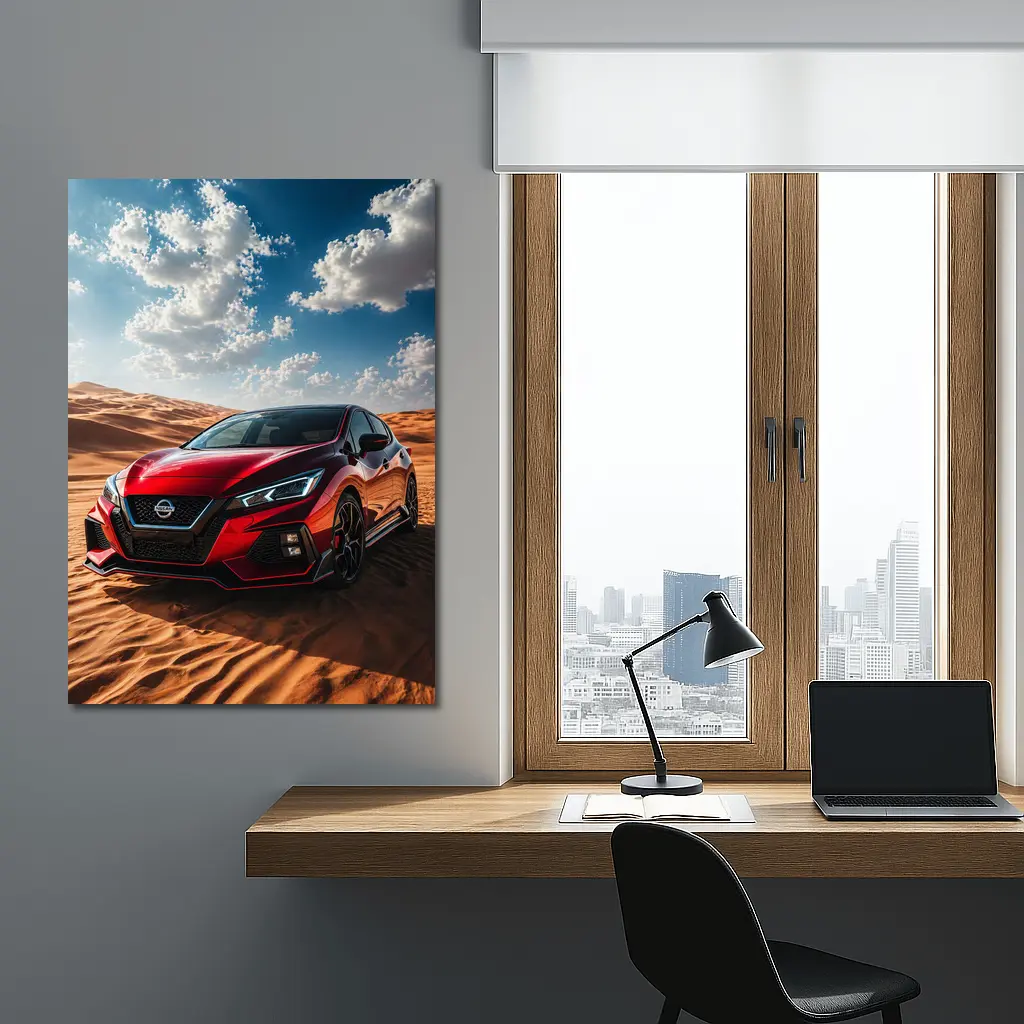 Nissan Red Hatchback Parked On Desert Dunes – Wall Art