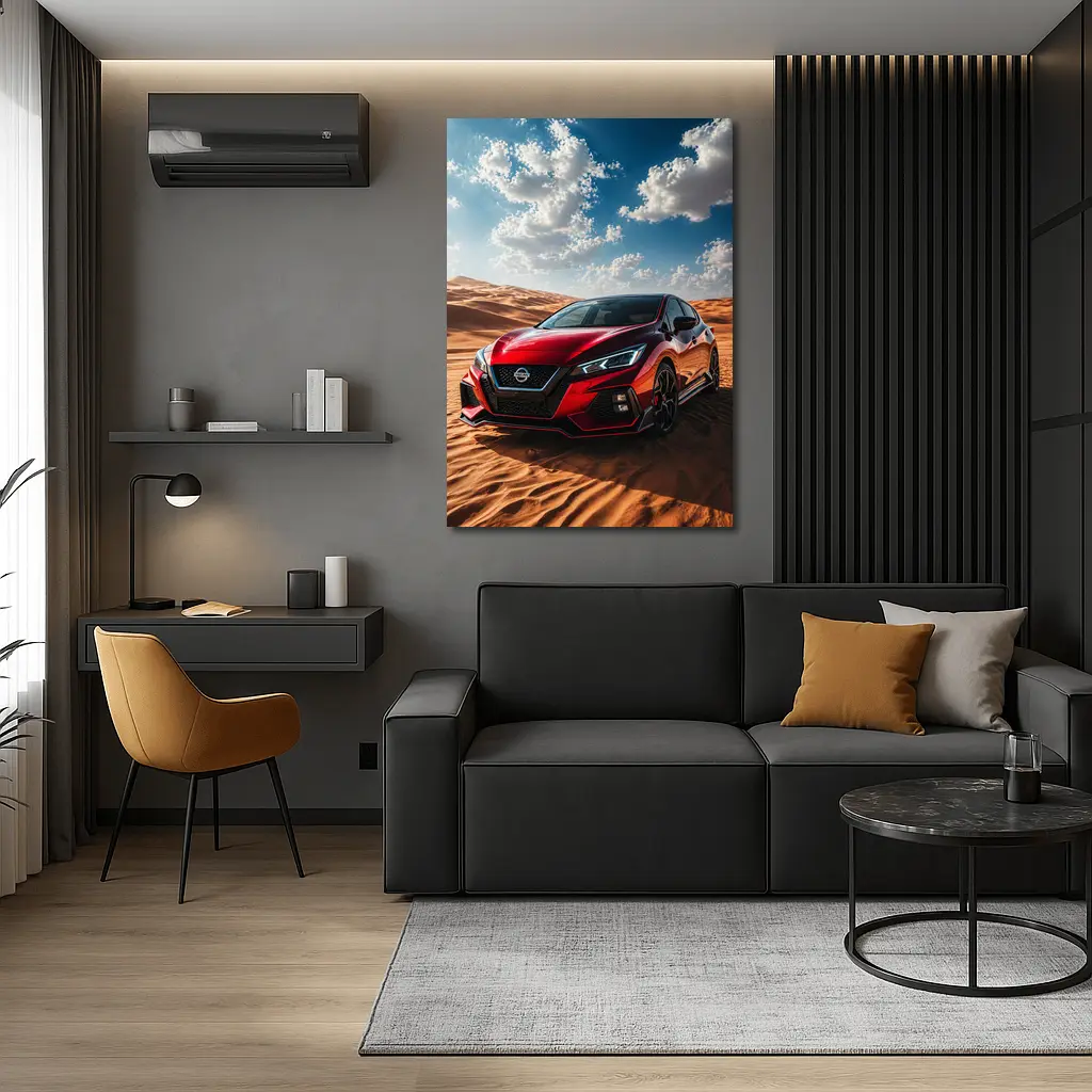 Nissan Red Hatchback Parked On Desert Dunes – Wall Art