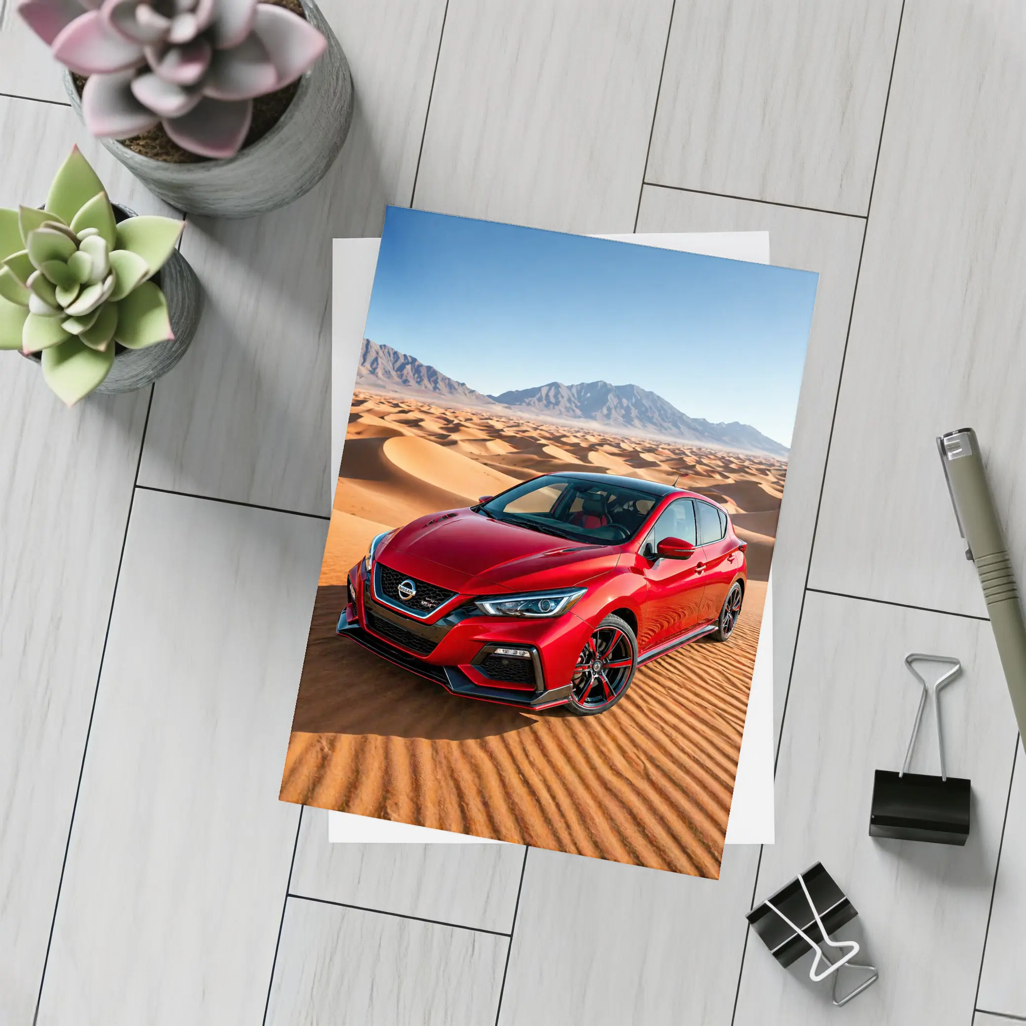 Nissan Sentra Red Hatchback Desert Dunes – Postcards