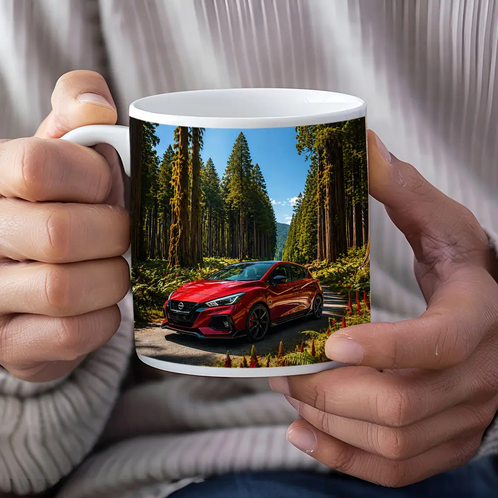 Nissan Pulsar Red Hatchback Forest Road – Mugs