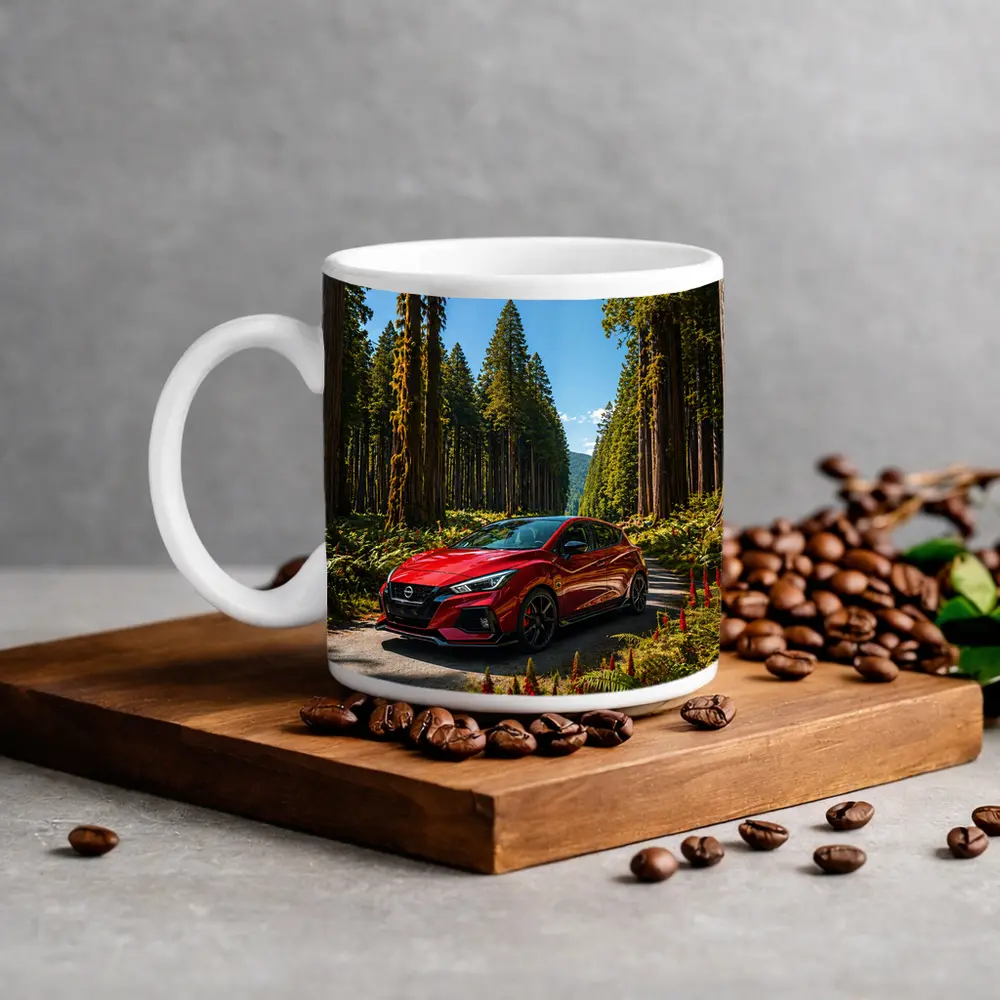 Nissan Pulsar Red Hatchback Forest Road – Mugs