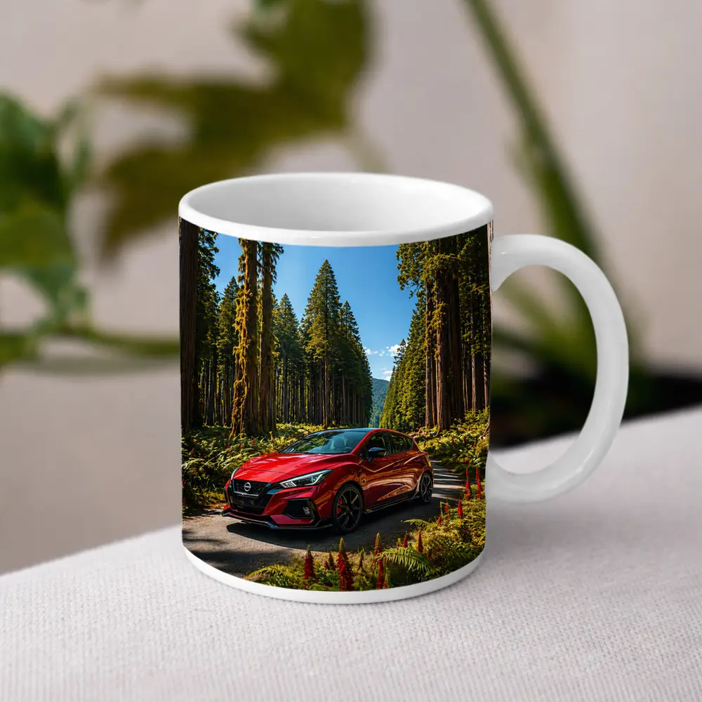 Nissan Pulsar Red Hatchback Forest Road – Mugs