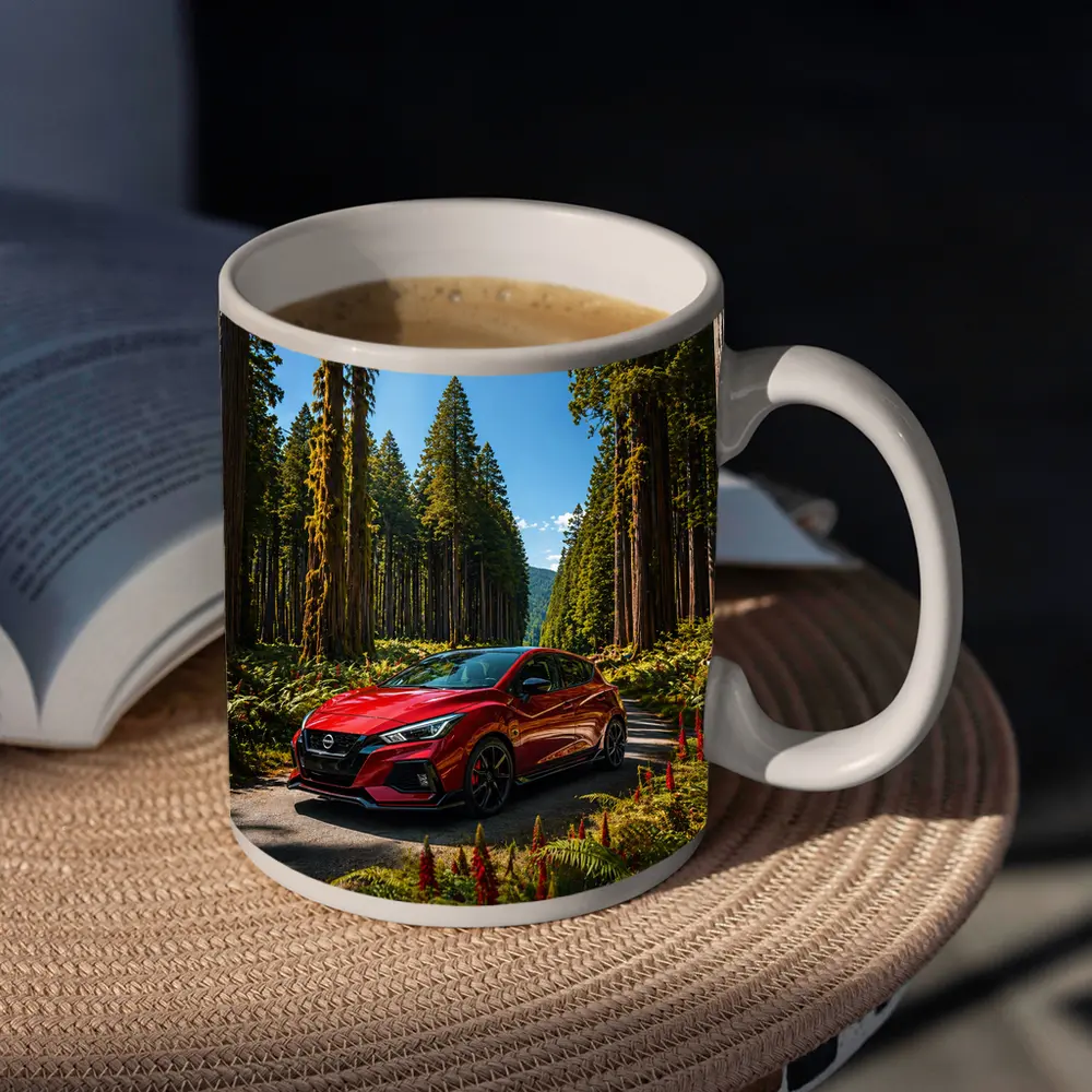 Nissan Pulsar Red Hatchback Forest Road – Mugs