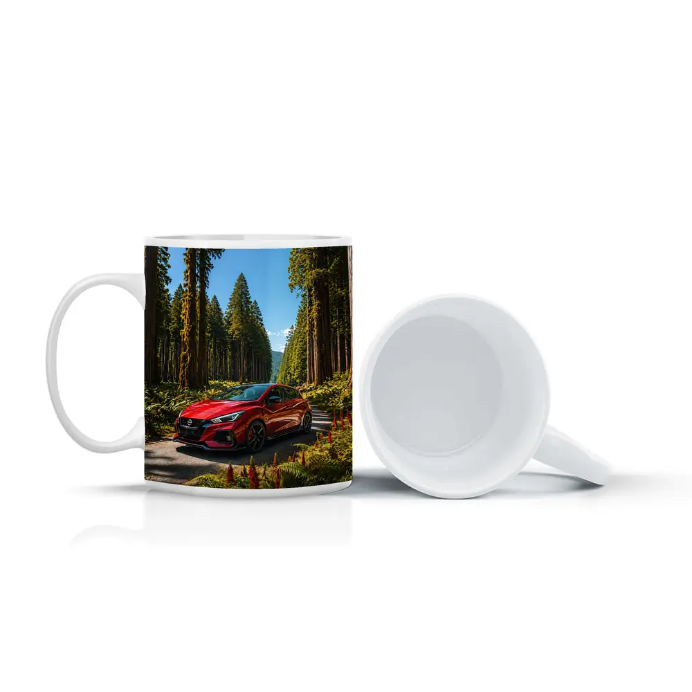 Nissan Pulsar Red Hatchback Forest Road – Mugs