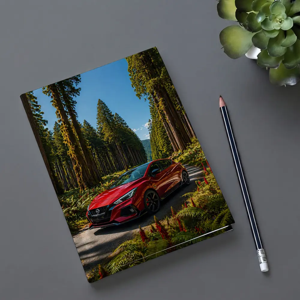 Nissan Pulsar Red Hatchback Forest Road – Notebooks