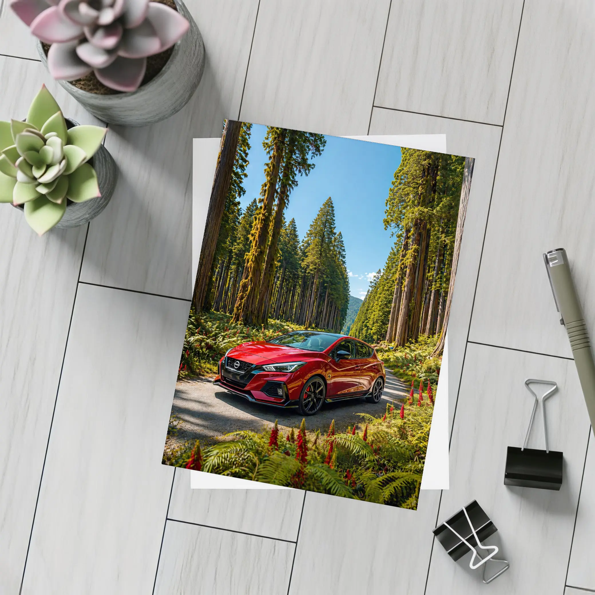Nissan Pulsar Red Hatchback Forest Road – Postcards