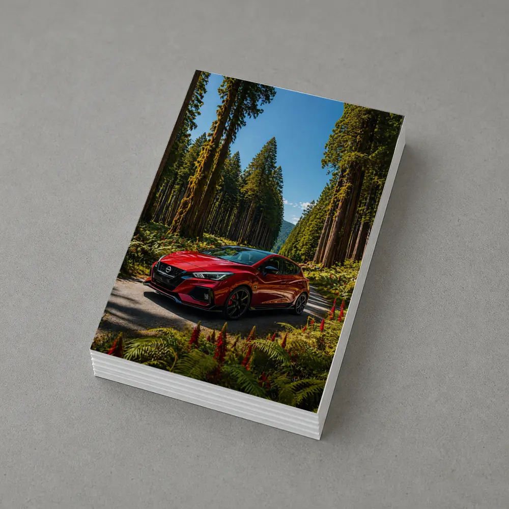 Nissan Pulsar Red Hatchback Forest Road – Postcards