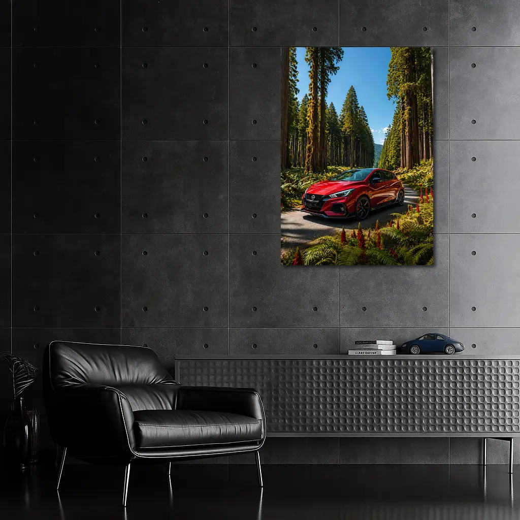 Nissan Pulsar Red Hatchback Forest Road – Wall Art