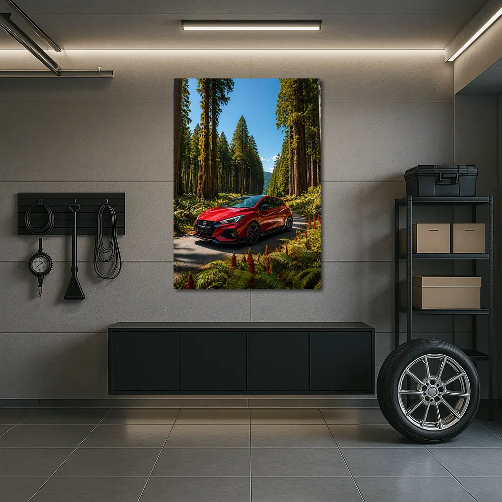 Nissan Pulsar Red Hatchback Forest Road – Wall Art