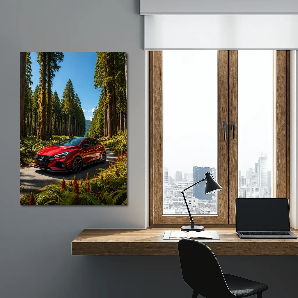 Nissan Pulsar Red Hatchback Forest Road – Wall Art