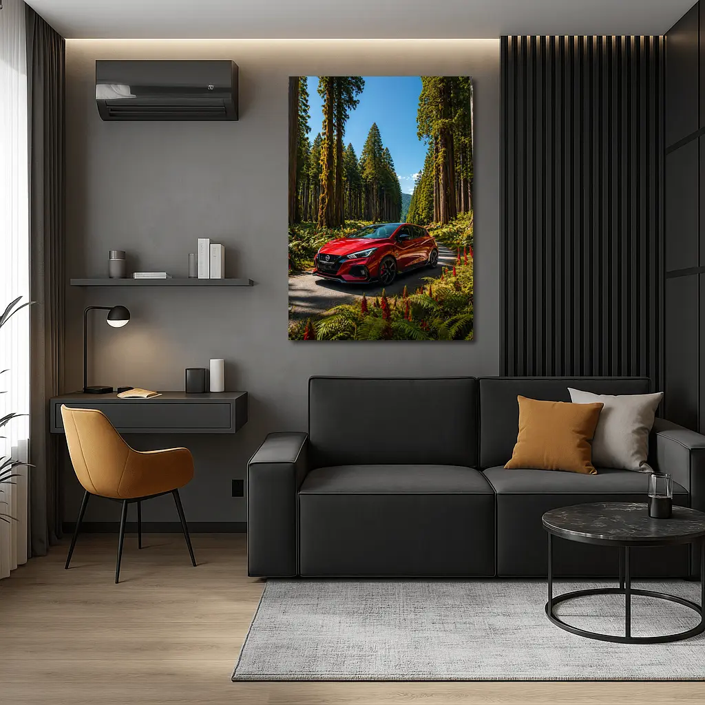 Nissan Pulsar Red Hatchback Forest Road – Wall Art