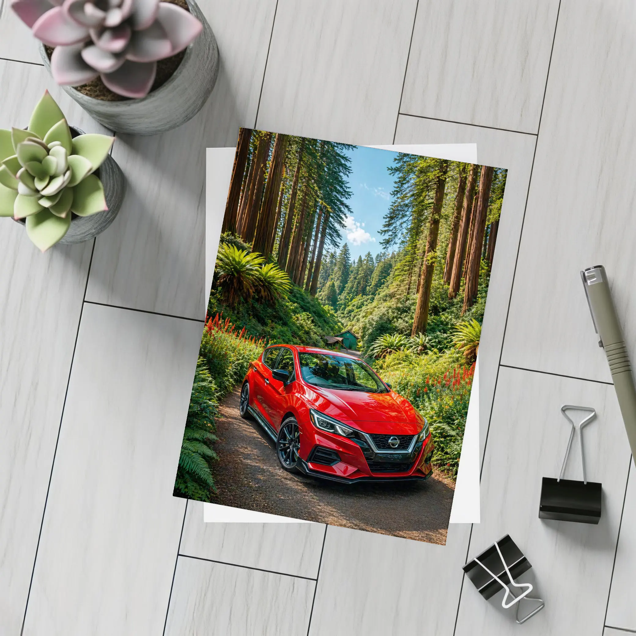 Nissan Versa Red Car Forest Setting – Postcards