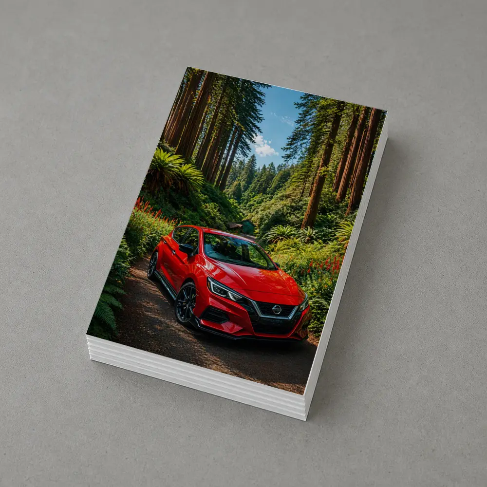 Nissan Versa Red Car Forest Setting – Postcards