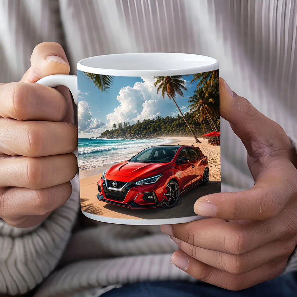 Nissan Versa Red Car Tropical Beach – Mugs