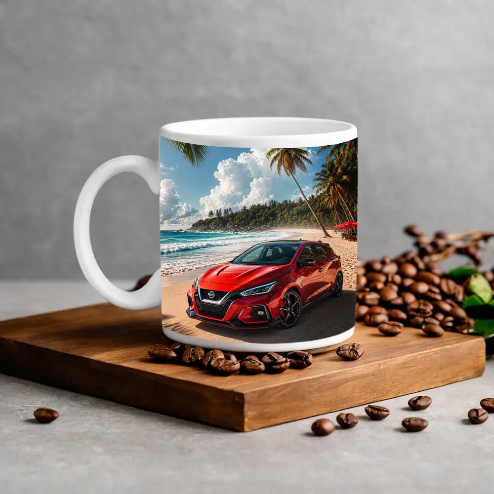 Nissan Versa Red Car Tropical Beach – Mugs