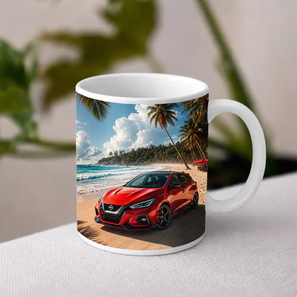 Nissan Versa Red Car Tropical Beach – Mugs