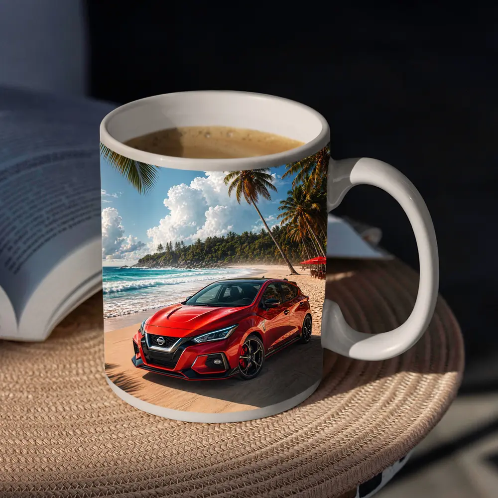 Nissan Versa Red Car Tropical Beach – Mugs
