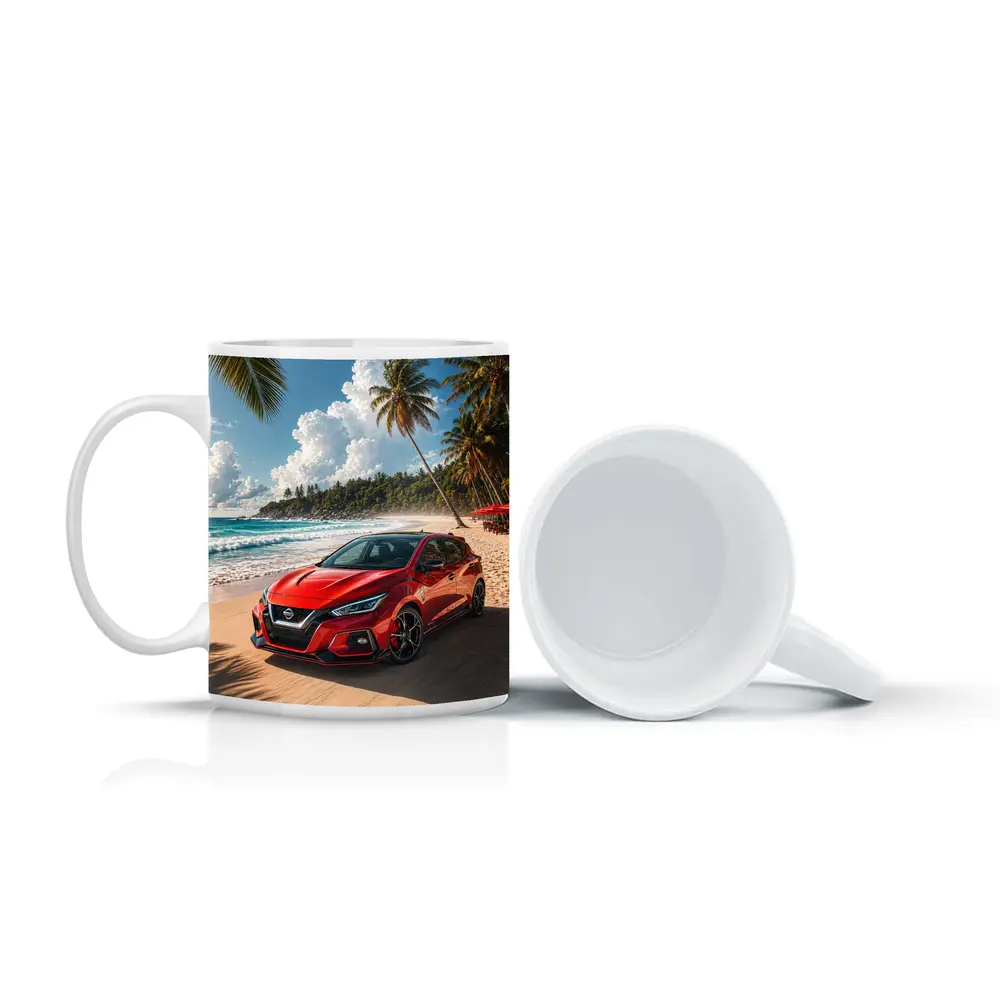 Nissan Versa Red Car Tropical Beach – Mugs