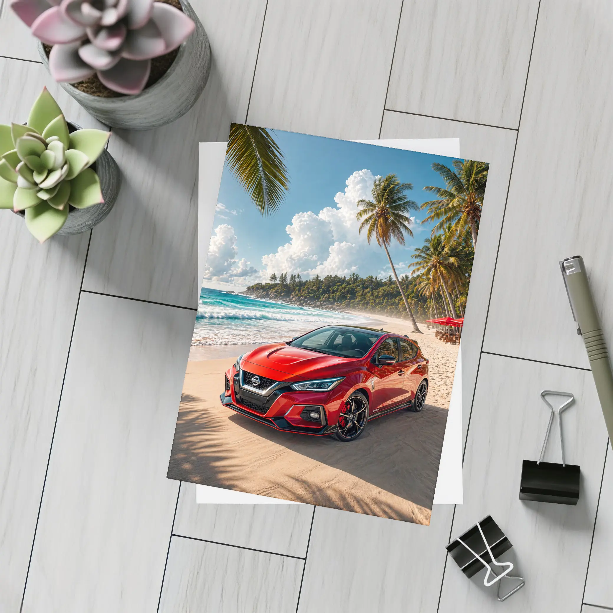 Nissan Versa Red Car Tropical Beach – Postcards