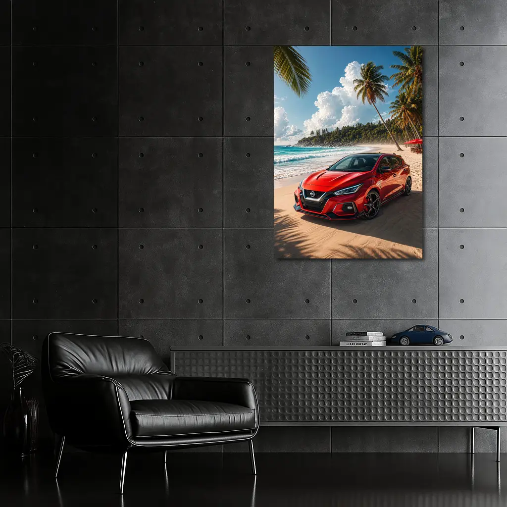 Nissan Versa Red Car Tropical Beach – Wall Art