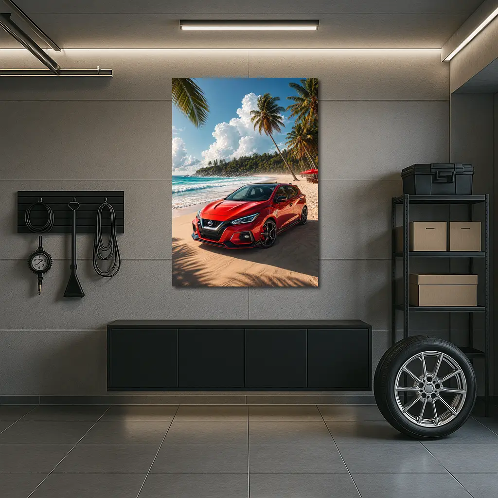 Nissan Versa Red Car Tropical Beach – Wall Art