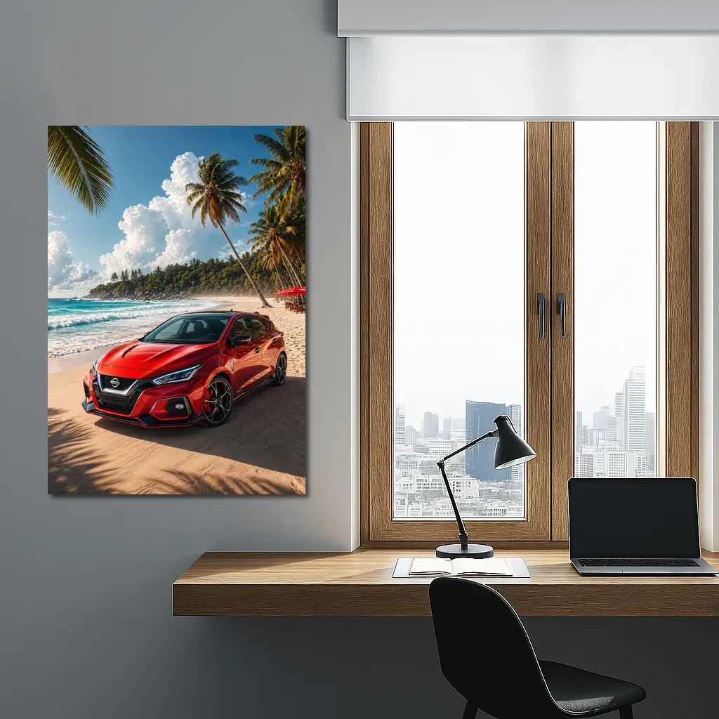 Nissan Versa Red Car Tropical Beach – Wall Art